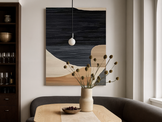 Desert Silhouettes Japandi wooden wall art styled in a bedroom setting