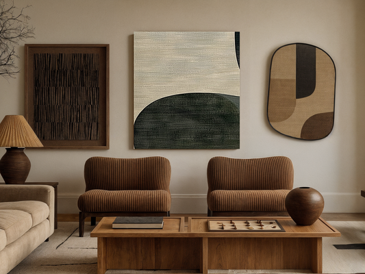 Emerald Drift Japandi wooden wall art styled in a bedroom setting