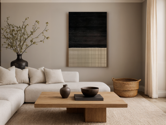 Midnight Horizon Japandi wooden wall art styled in a bedroom setting