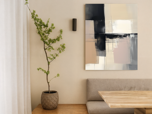 Abstract Balance Japandi wooden wall art styled in a home office setting