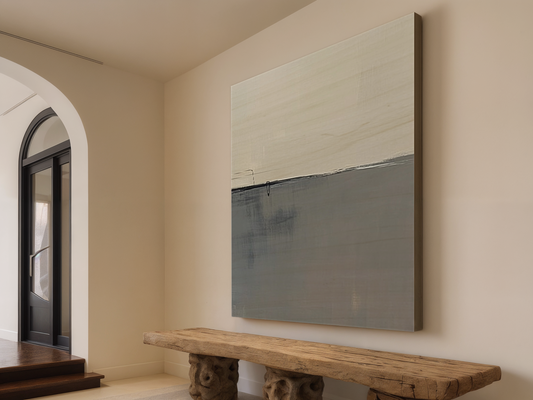 Muted Reflection Japandi wooden wall art styled in a study setting