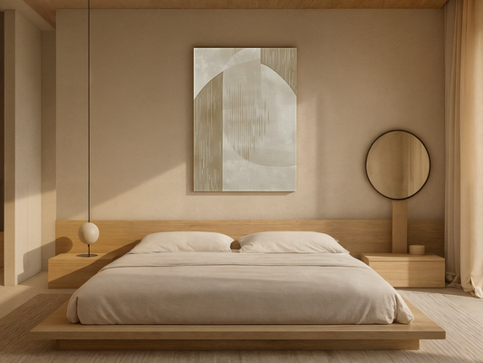 Whispered Sands Japandi wooden wall art styled in a bedroom setting