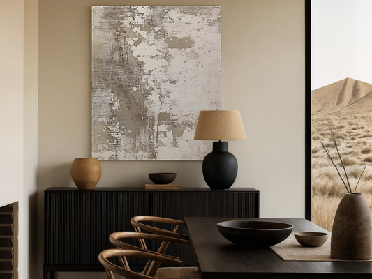 Whispered Relics Japandi wooden wall art styled in a study setting