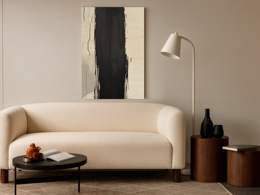 Midnight Divide Japandi wooden wall art styled in a study setting