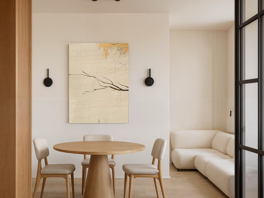 Quiet Branches Japandi wooden wall art styled in a bedroom setting