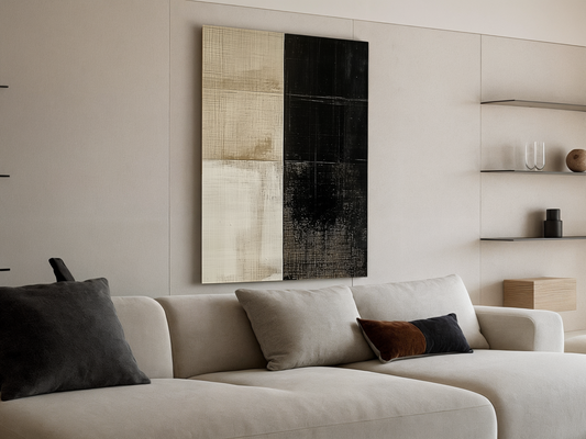 Monochrome Balance Japandi wooden wall art styled in a study setting