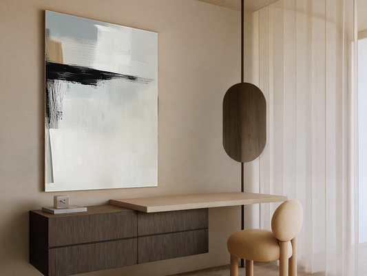Silent Horizon Japandi wooden wall art styled in a bedroom setting