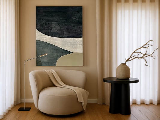 Tranquil Flow Japandi wooden wall art styled in a bedroom setting