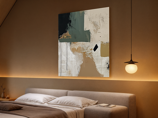 Echoes of Earth Japandi wooden wall art styled in a bedroom setting