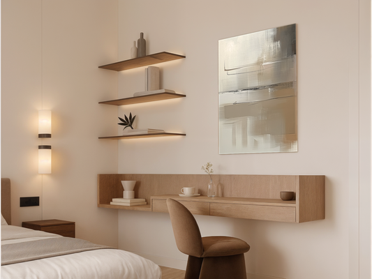 Misted Calm Japandi wooden wall art styled in a bedroom setting