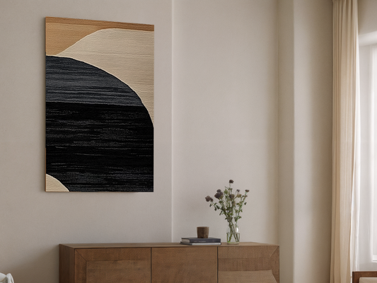 Sunset Waves Japandi wooden wall art styled in a bedroom setting