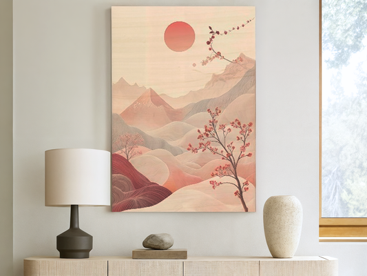 Ethereal Bloom Japandi wooden wall art styled in a bedroom setting