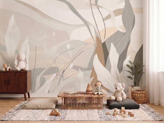 Close-up of Komorebi Dream mural wallpaper showing delicate forest light linework