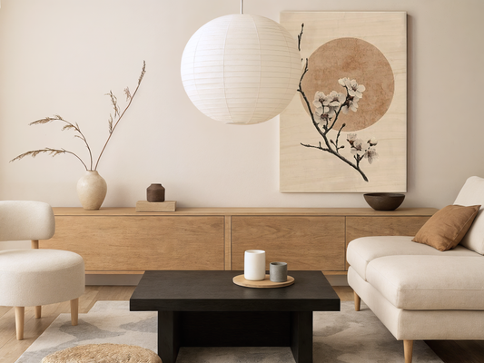 Sakura Solstice Japandi wooden wall art styled in a living room setting
