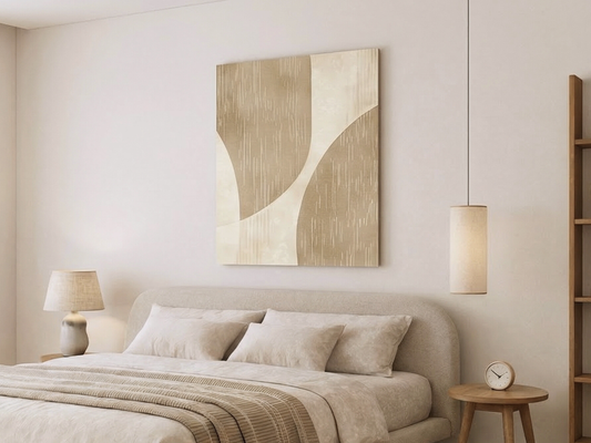 Sandswept Harmony Japandi wooden wall art styled in a bedroom setting