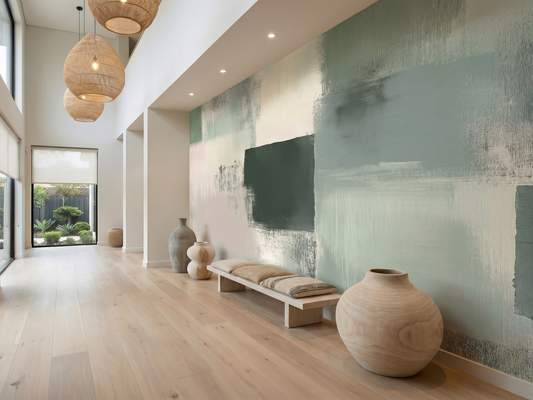 Close-up of Sei Haze mural wallpaper showing hazy layered brushwork