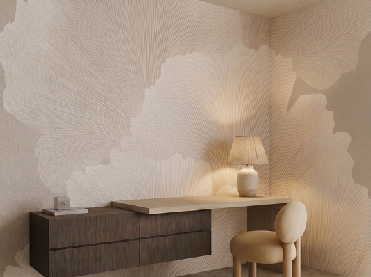 Shiori Texture Japandi mural wallpaper styled in a home office setting