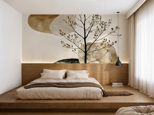 Shizuka Axis Japandi mural wallpaper styled in a bedroom setting