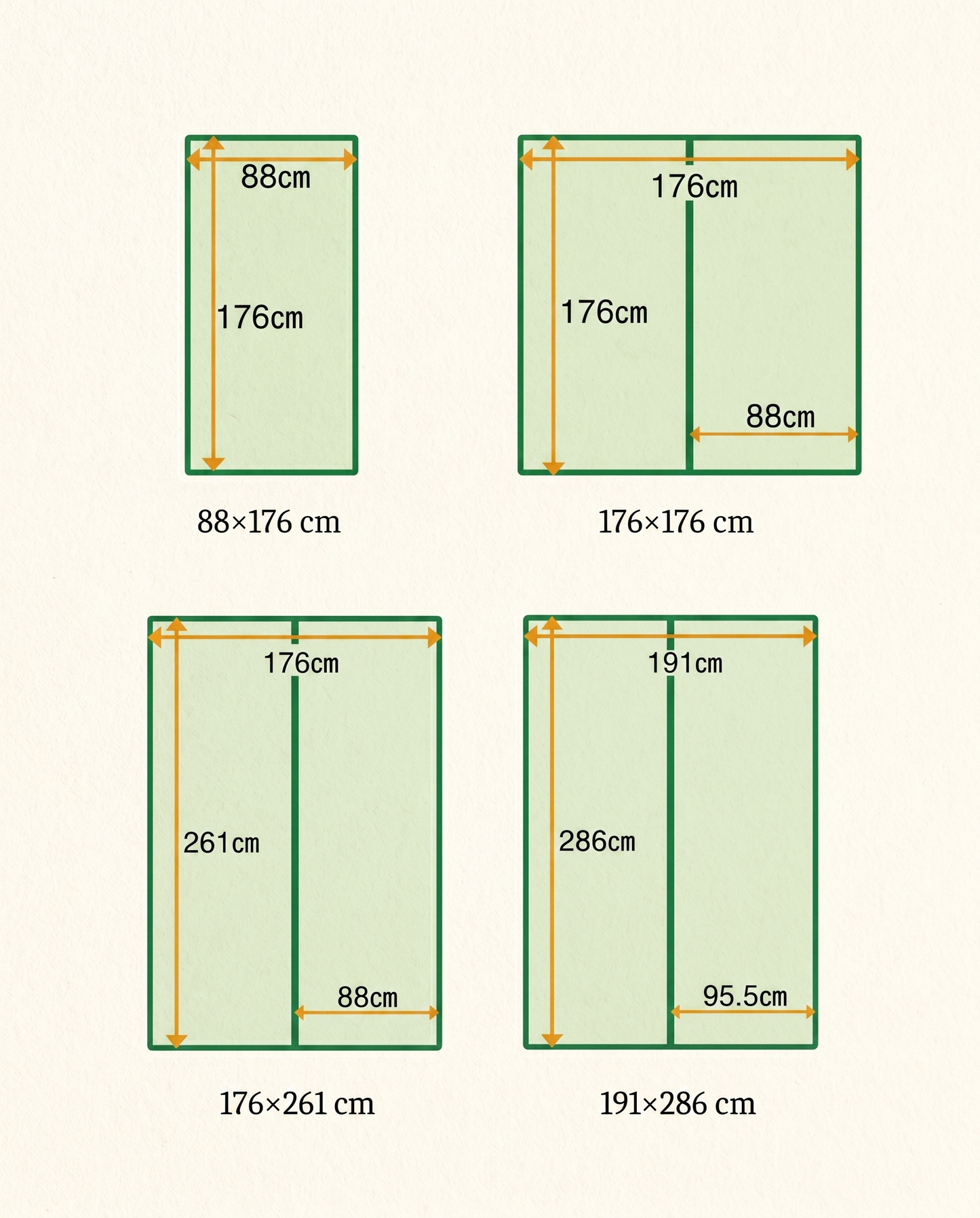 Japandi tatami mat size guide showing available dimensions