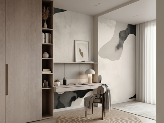 Close-up of Zen Mist mural wallpaper showing soft fog-like tonal layers