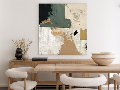 Echoes of Earth Japandi wooden wall art, earthy abstract form on a living room wall