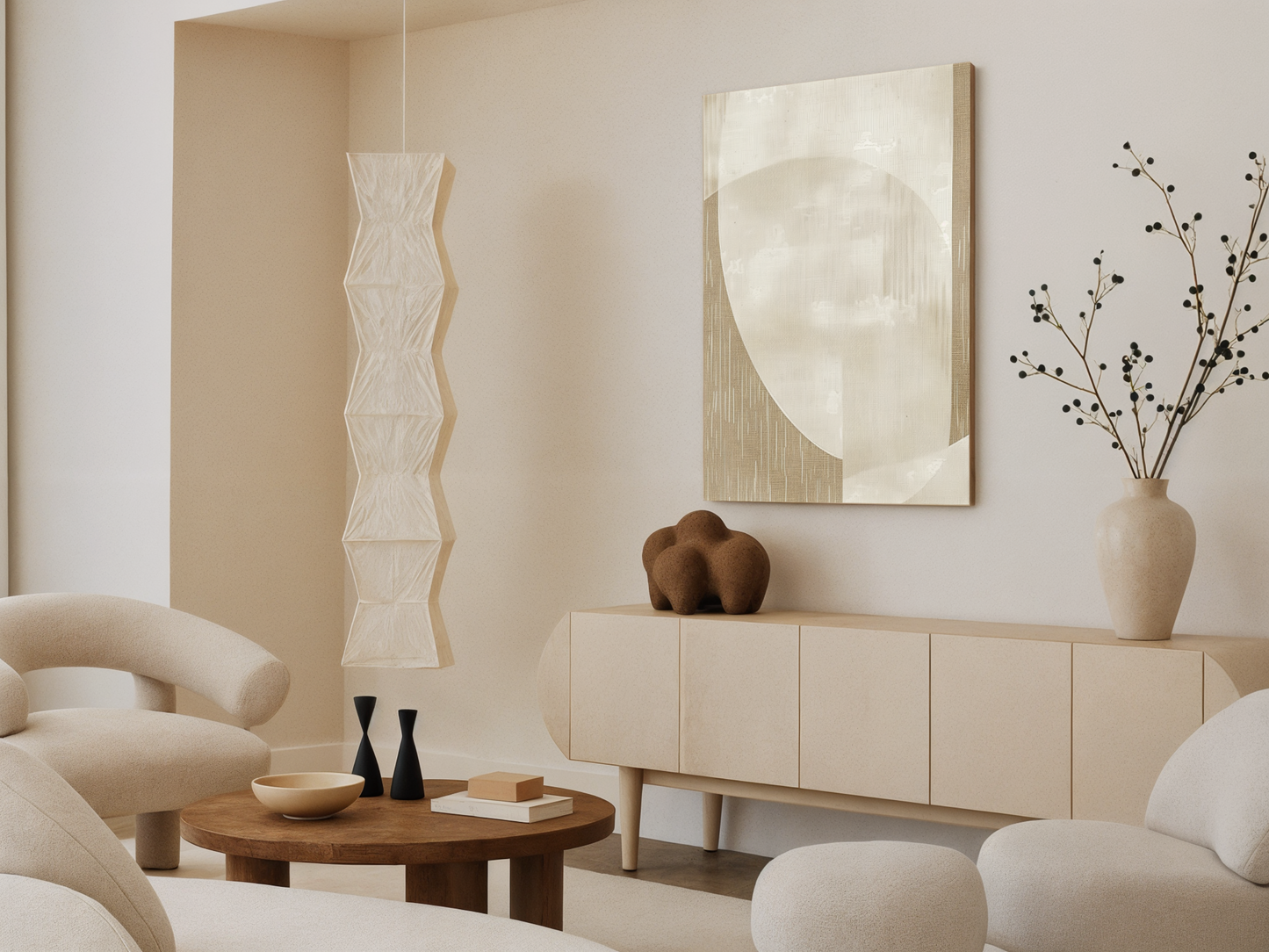 Desert Veil Japandi wooden wall art, soft ethereal desert landscape design on a living room wall