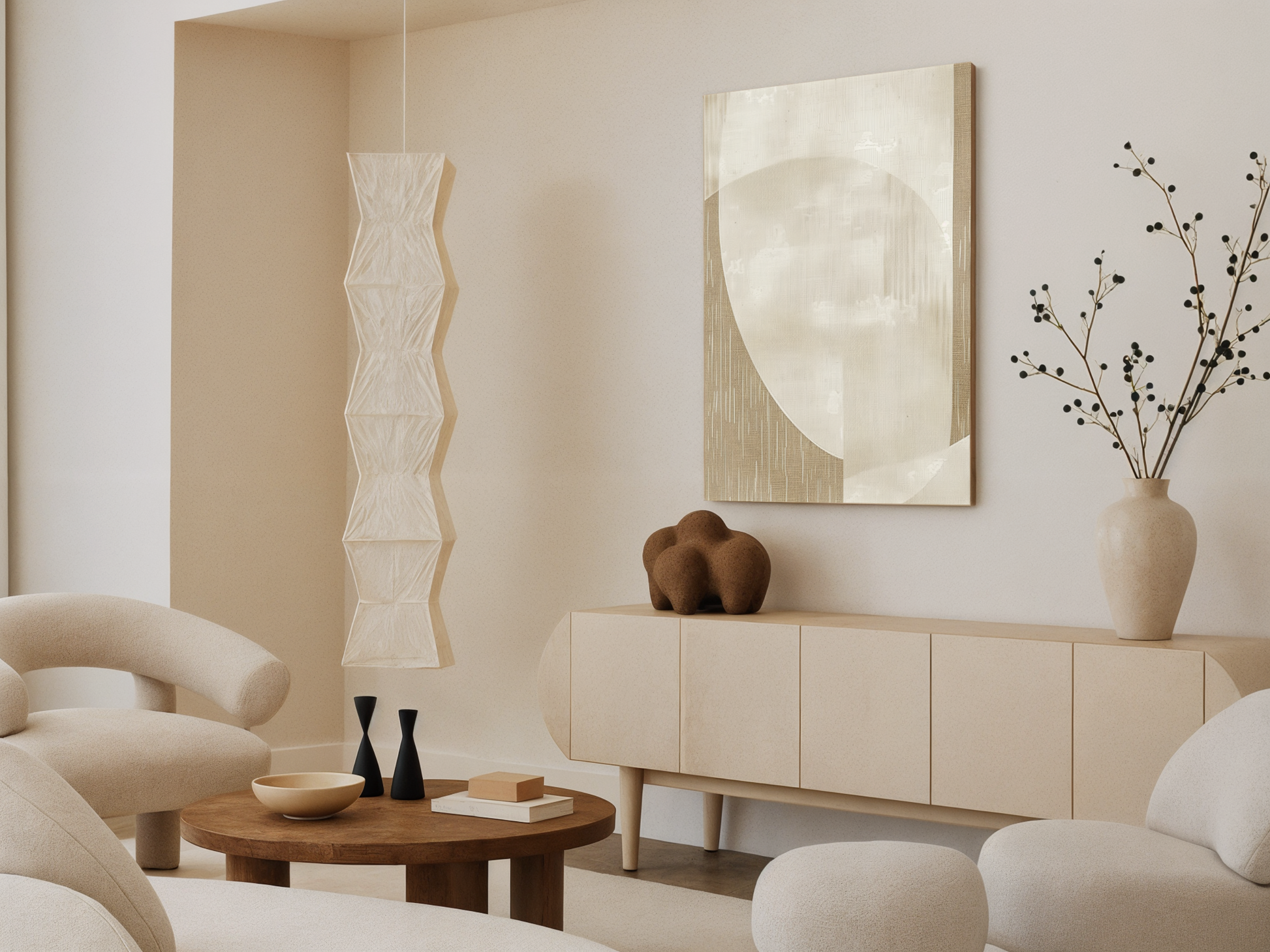 Desert Veil Japandi wooden wall art, soft ethereal desert landscape design on a living room wall