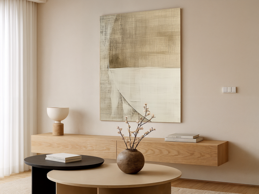 Golden Horizon Japandi wooden wall art styled in a bedroom setting