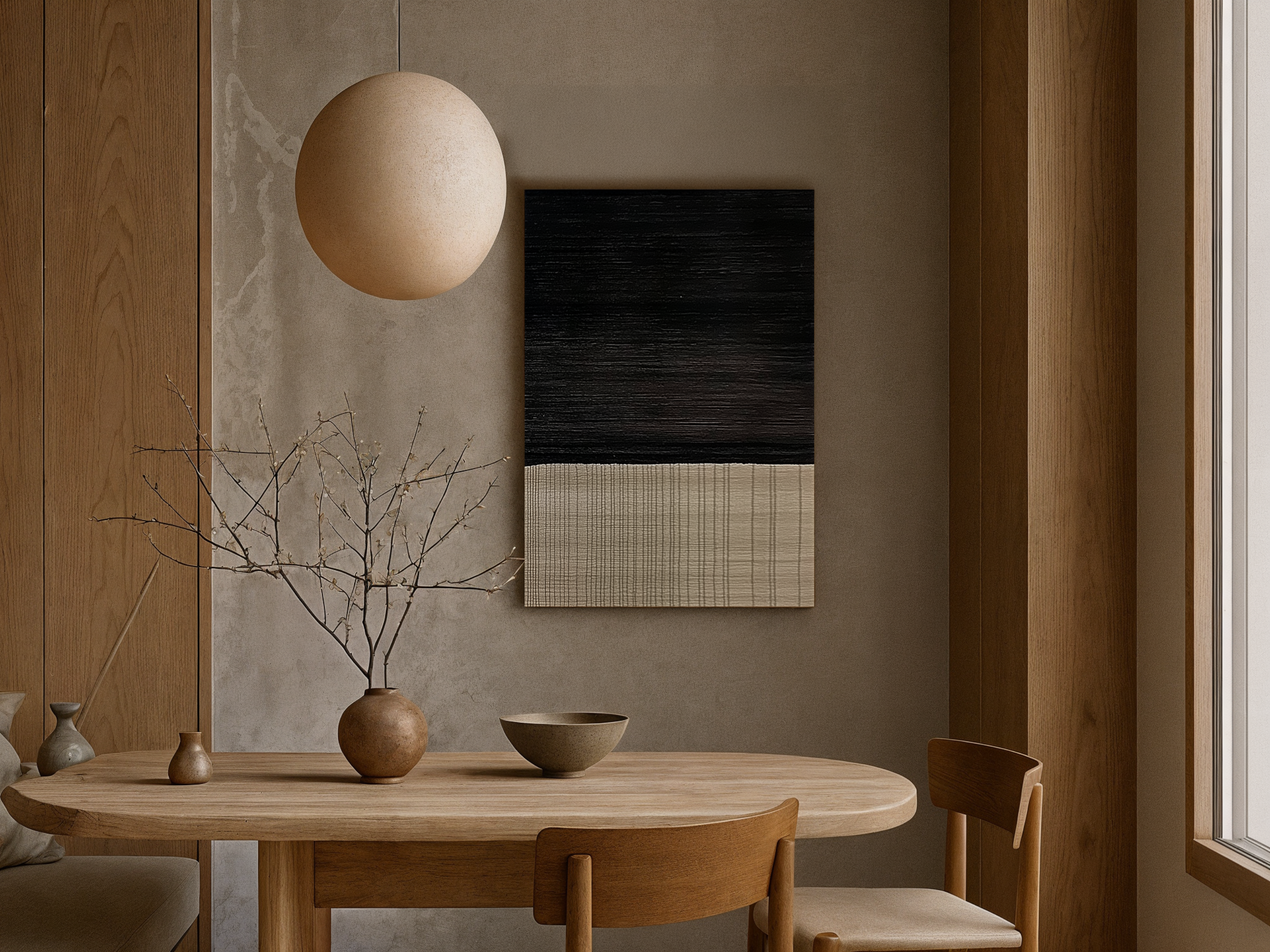 Midnight Horizon Japandi wooden wall art, minimalist light and dark horizon design on a living room wall