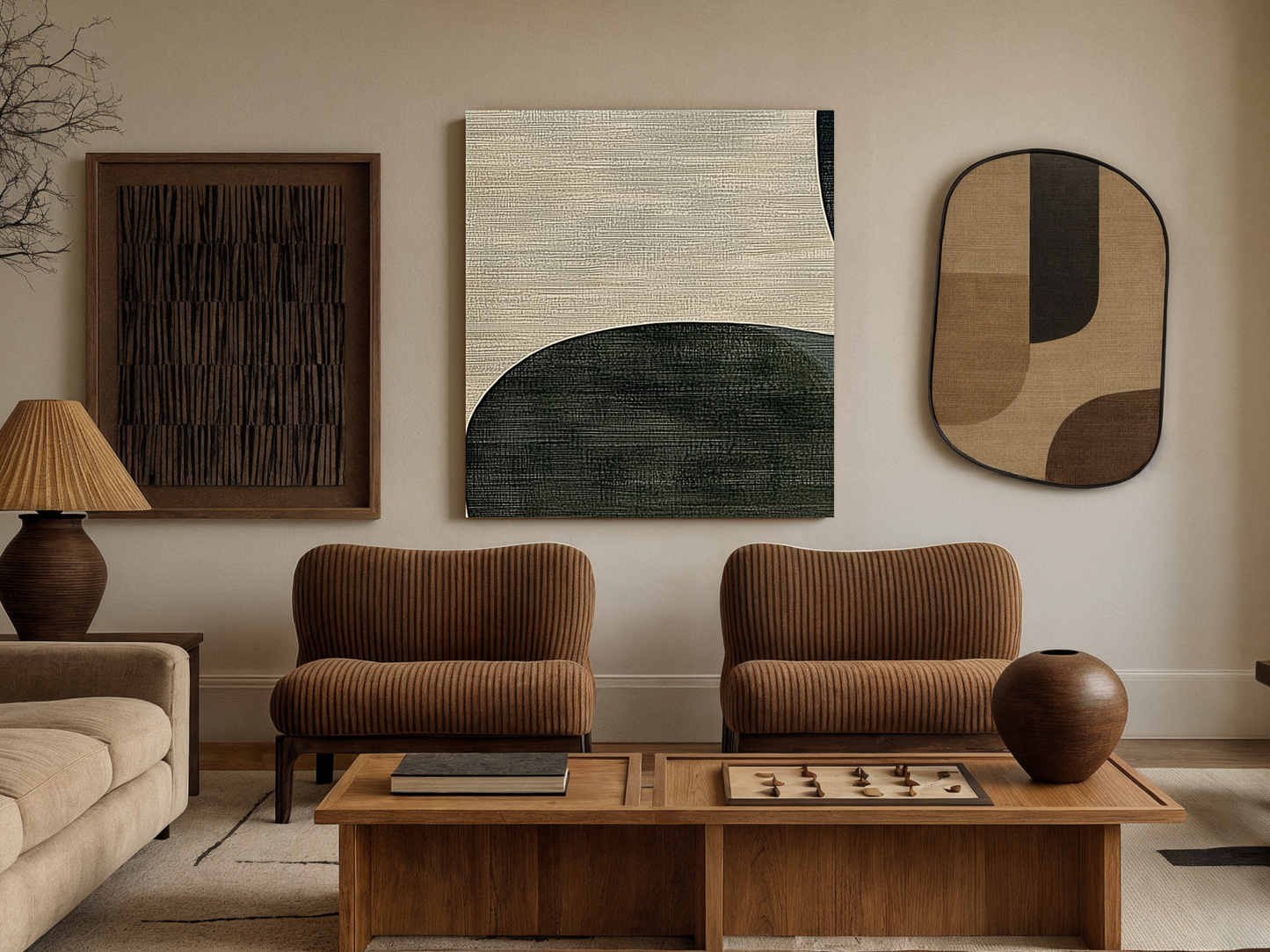 Emerald Drift Japandi wooden wall art styled in a bedroom setting