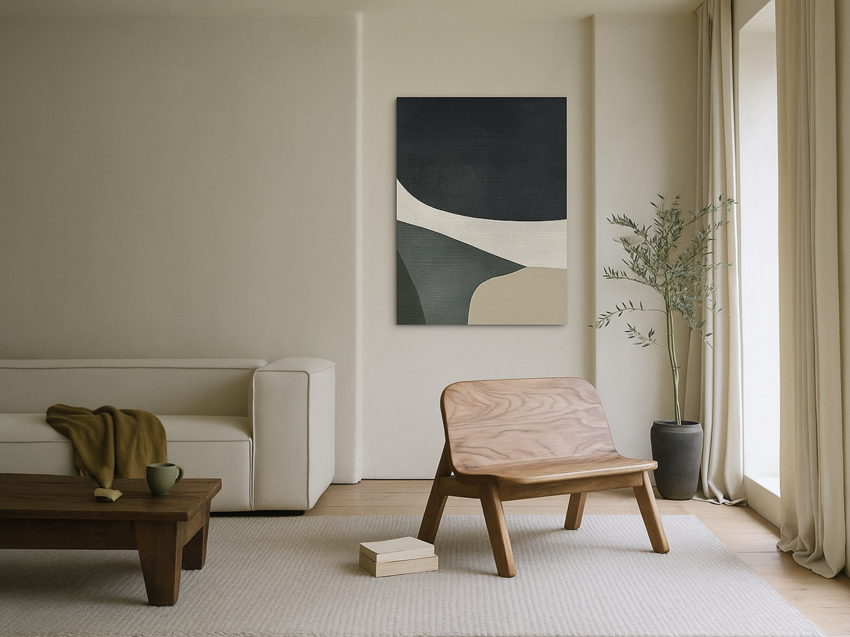 Tranquil Flow Japandi wooden wall art, flowing lines in deep soothing tones on a living room wall