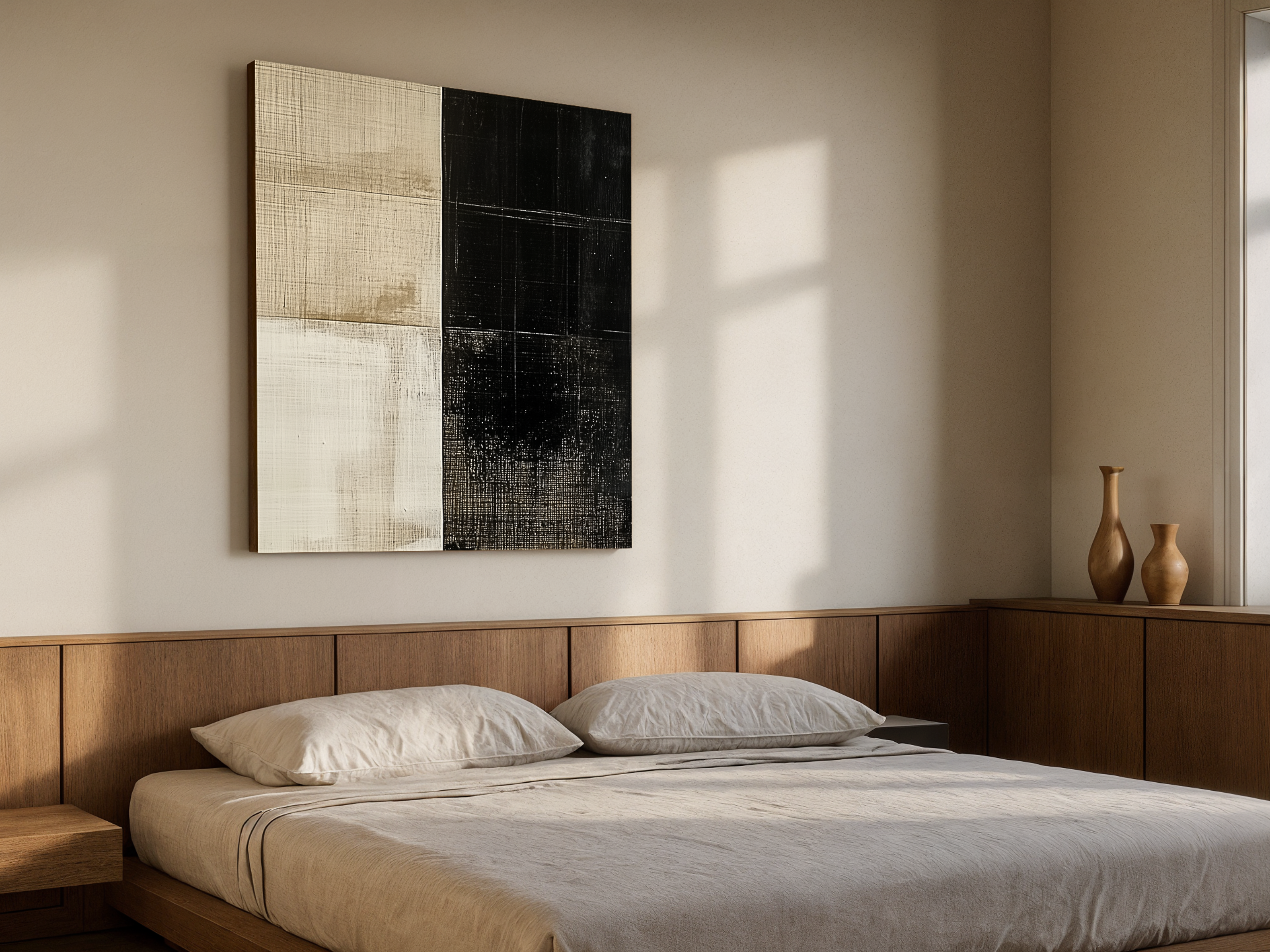 Monochrome Balance Japandi wooden wall art, bold light and dark contrast design on a living room wall