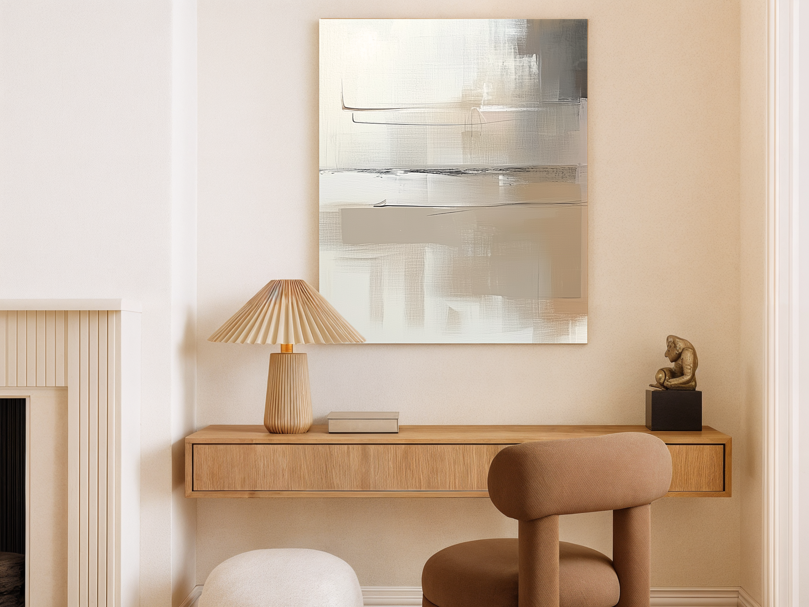 Misted Calm Japandi wooden wall art, serene misty morning design on a living room wall
