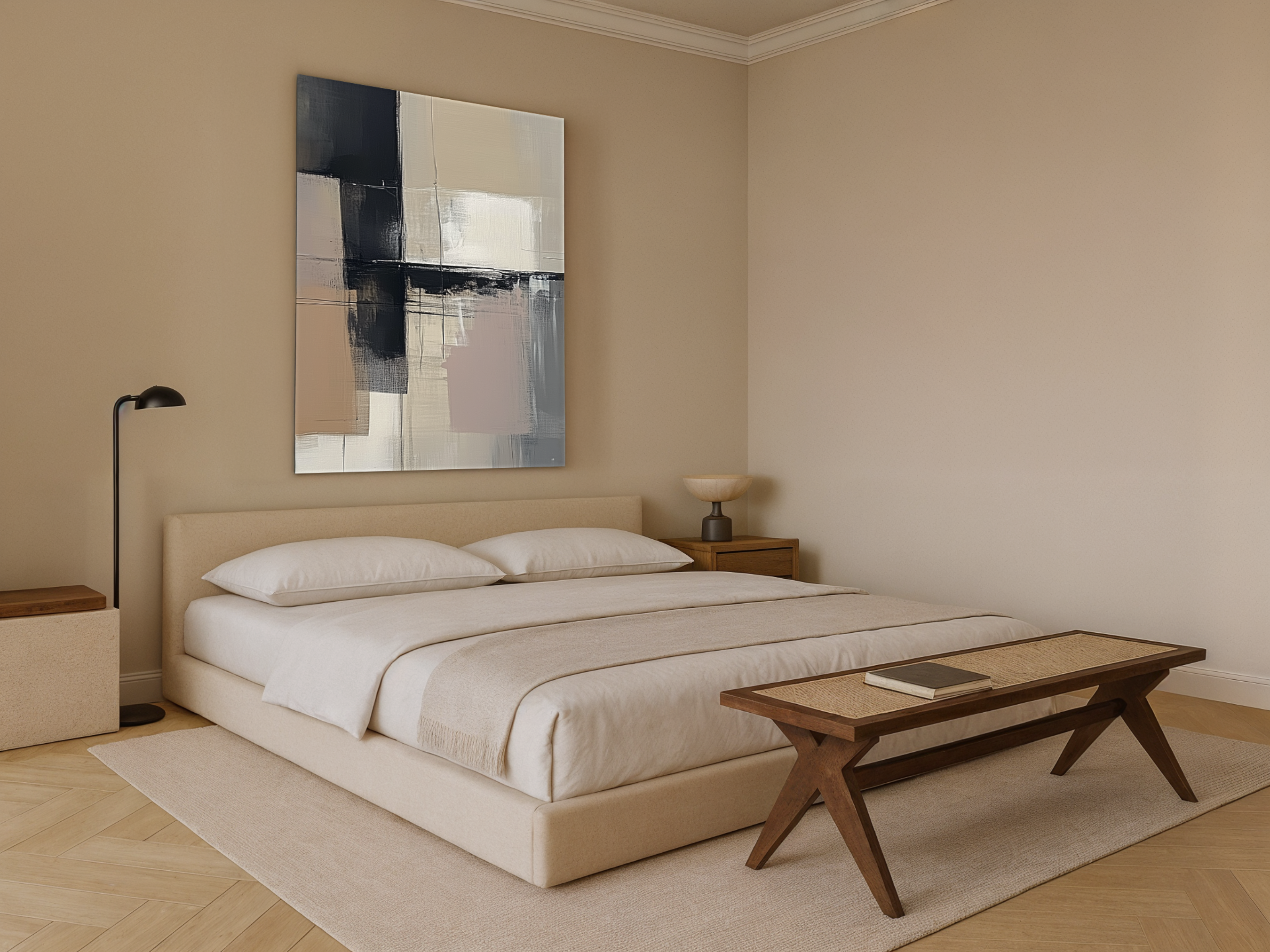 Abstract Balance Japandi wooden wall art, intersecting grid design on a living room wall