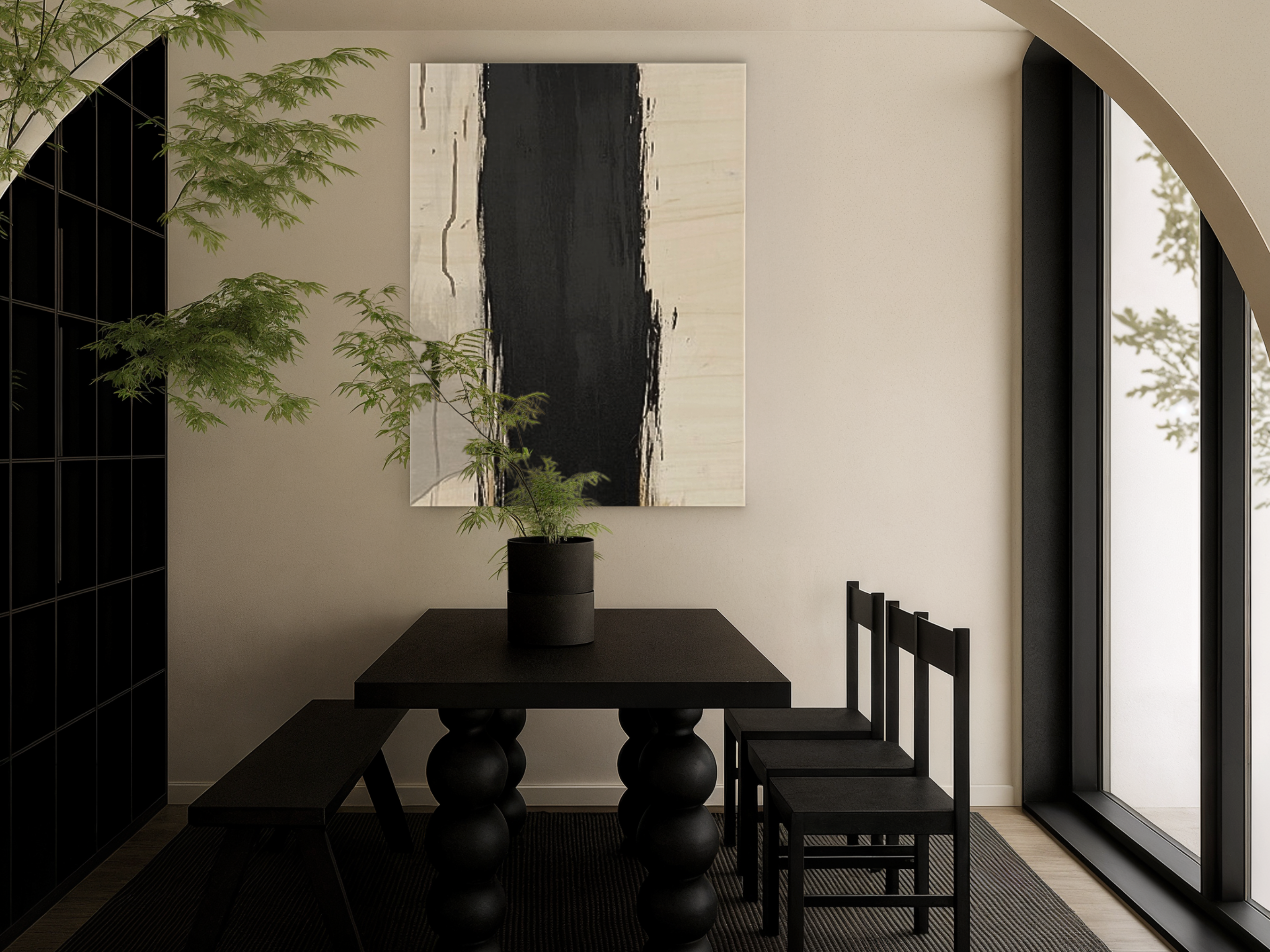 Midnight Divide Japandi wooden wall art, dramatic light and dark contrast on a living room wall