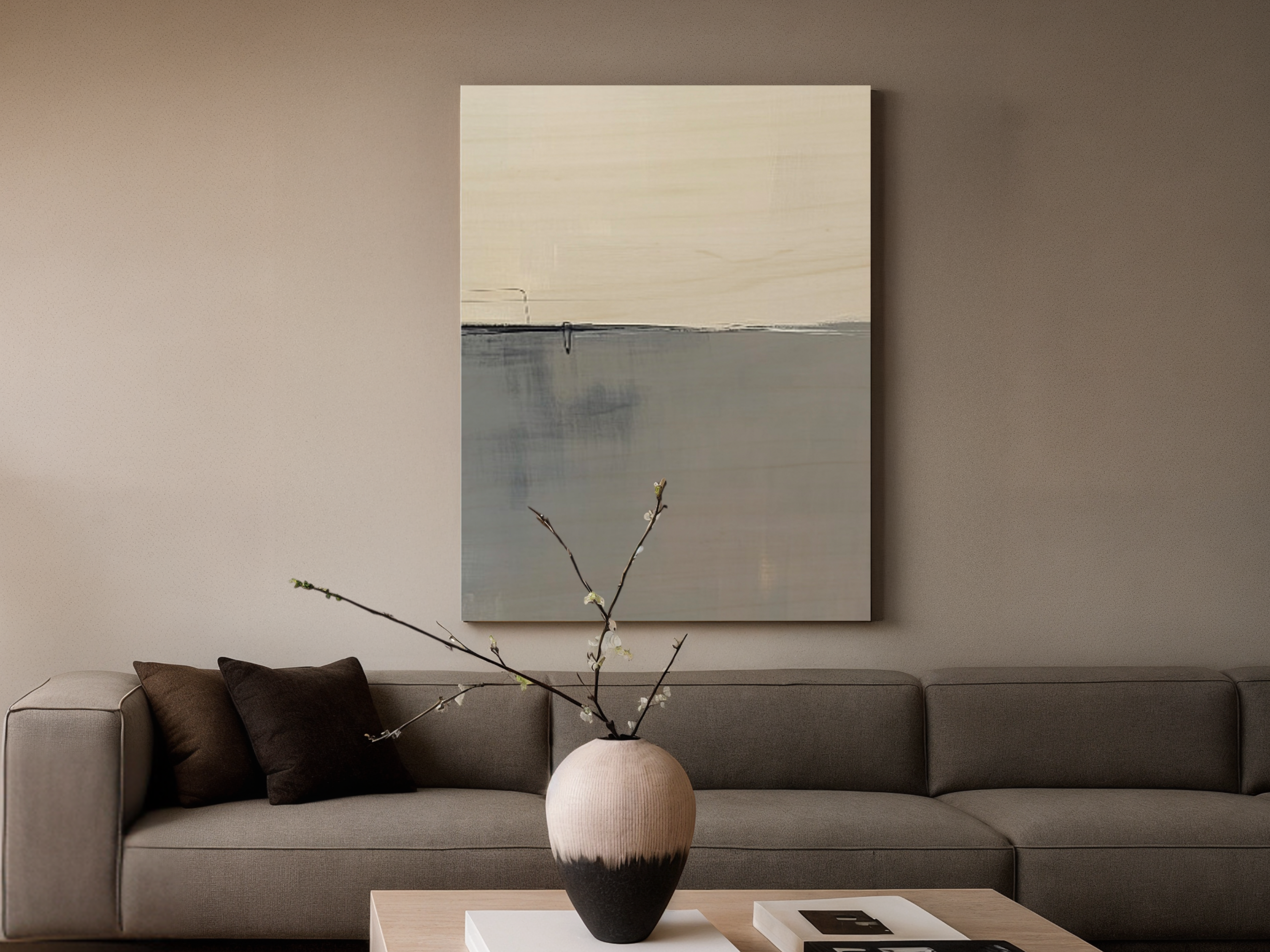 Muted Reflection Japandi wooden wall art, subtle muted-tone design on a living room wall