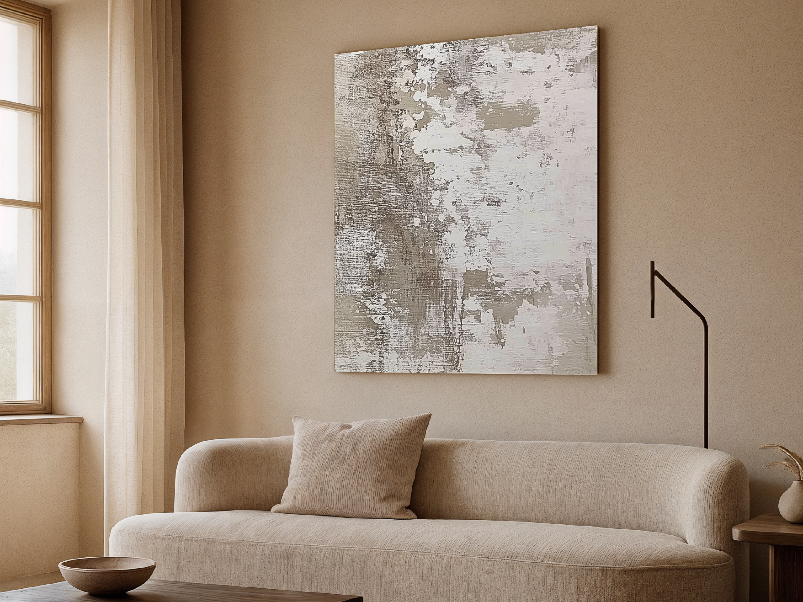Whispered Relics Japandi wooden wall art, time-worn textured design on a living room wall