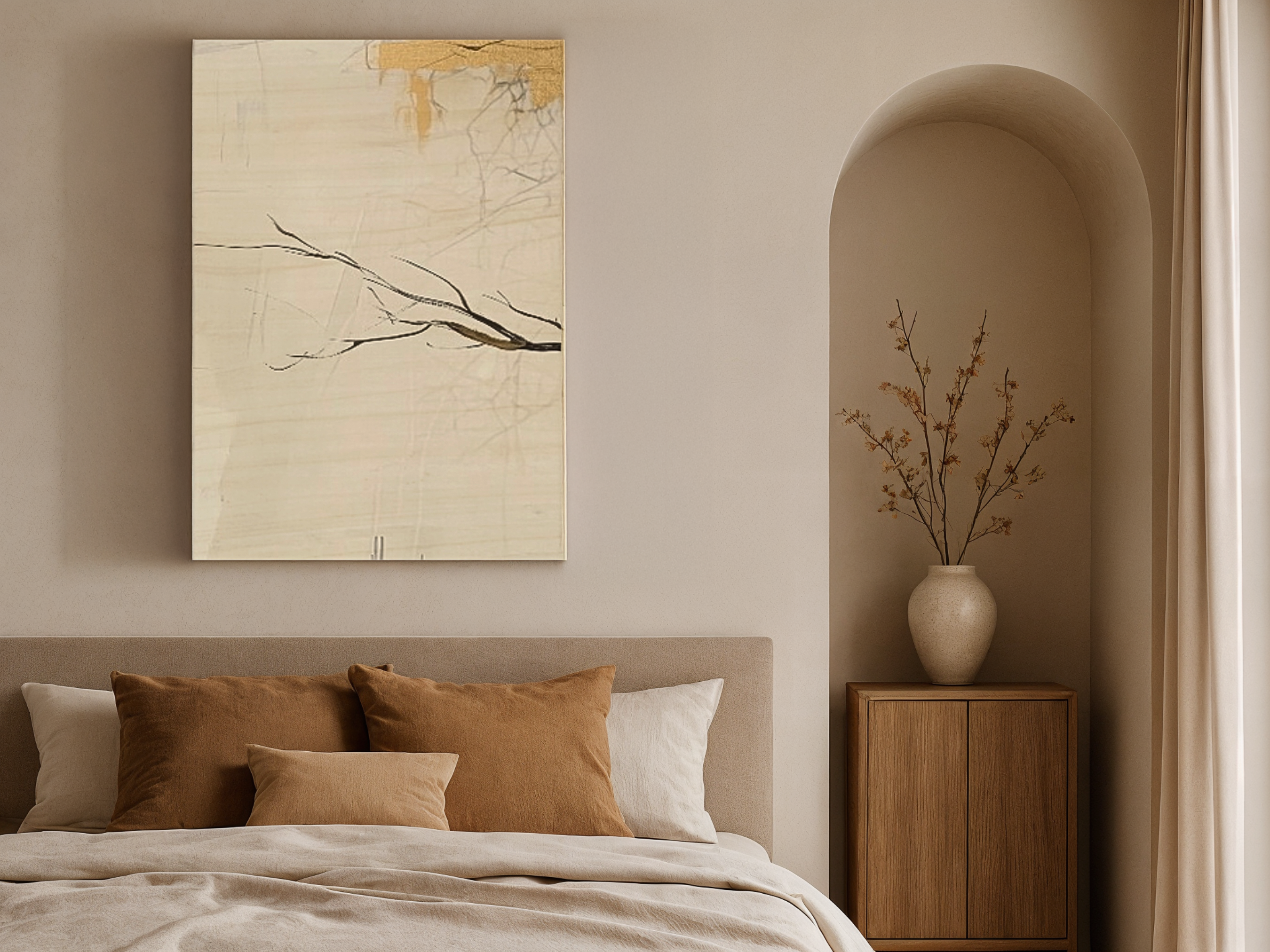 Quiet Branches Japandi wooden wall art, delicate sculptural nature design on a living room wall