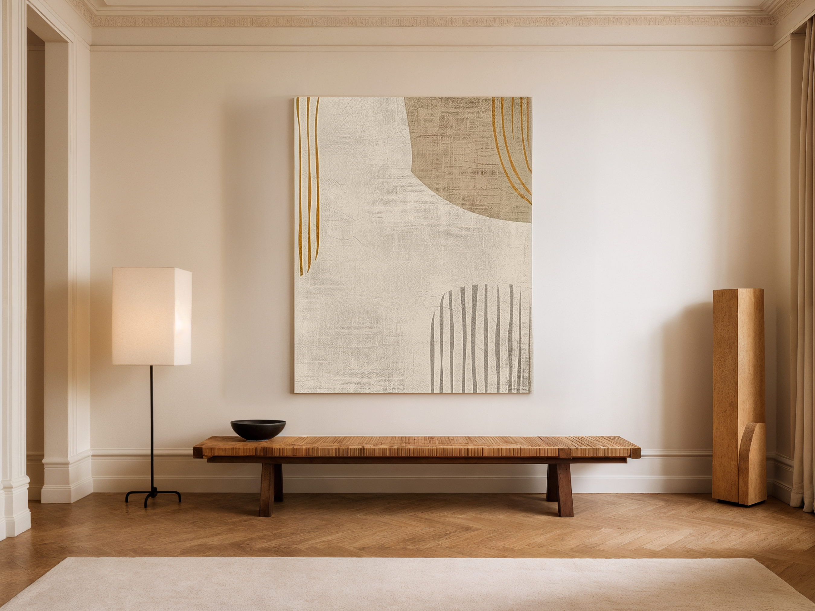 Serene Threads Japandi wooden wall art, gentle flowing lines in soothing tones on a living room wall