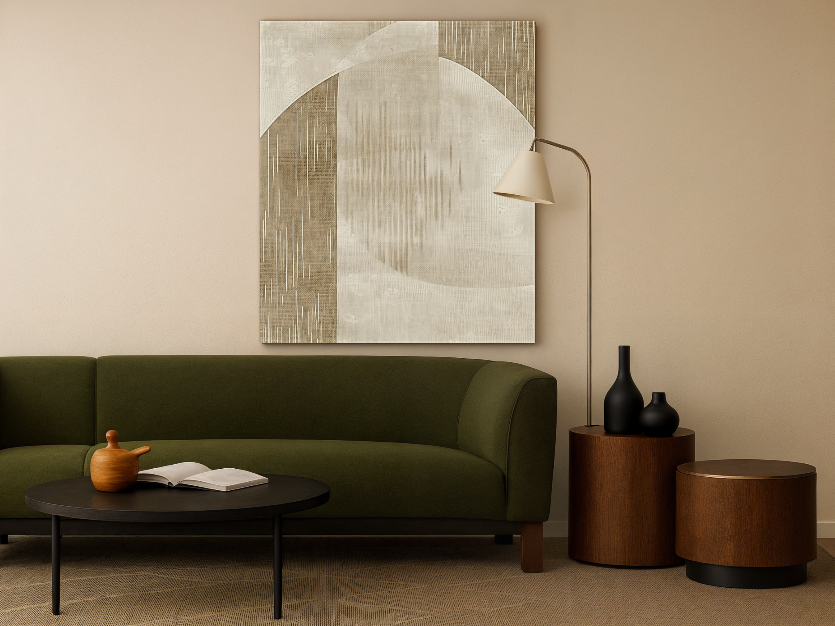 Whispered Sands Japandi wooden wall art, wind-shaped desert texture on a living room wall