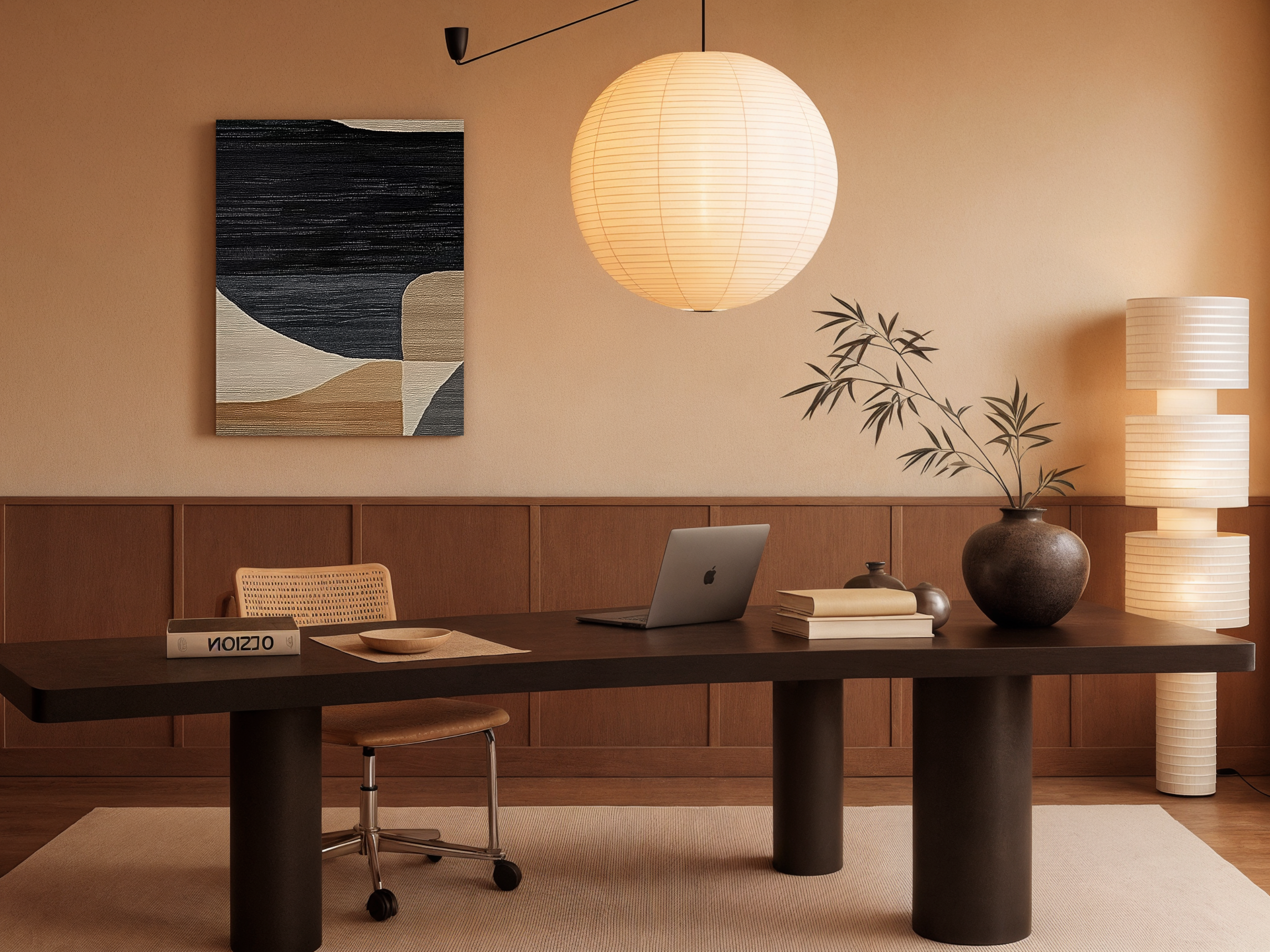 Desert Silhouettes Japandi wooden wall art, desert landscape at dusk on a living room wall