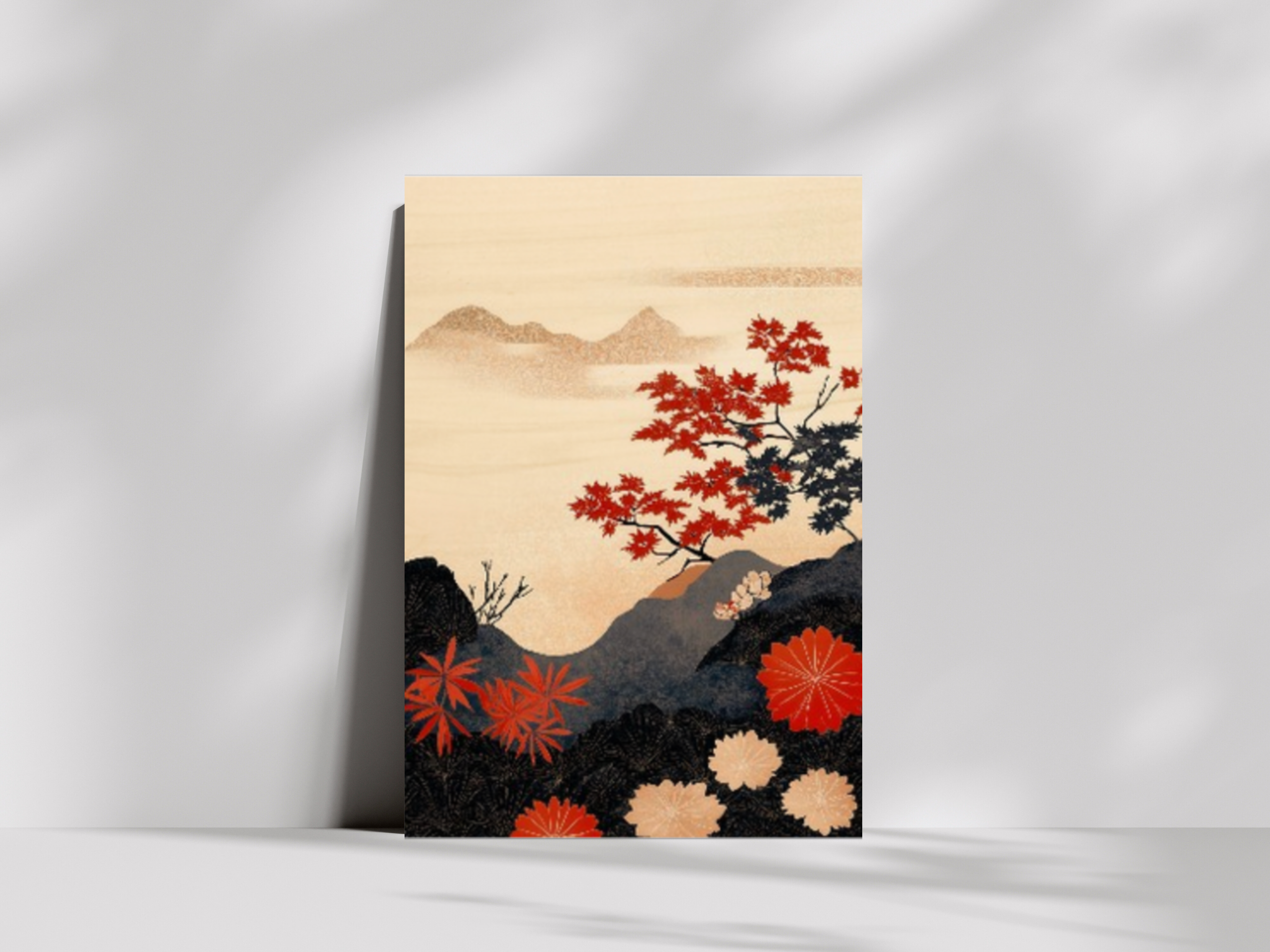 Akane Garden Japandi wooden wall art, maple leaves and blossoms on dark textured hills on a living room wall