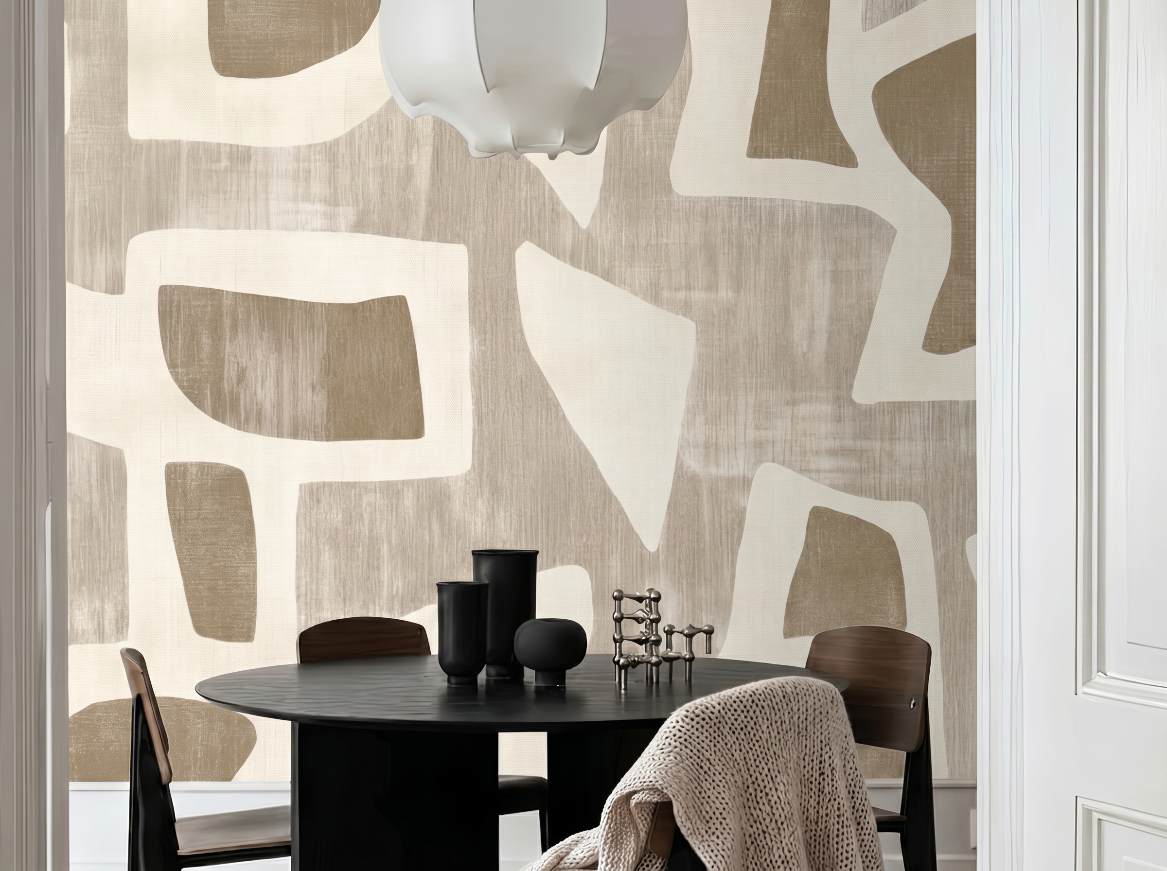 Akira Earthweave Japandi mural wallpaper, warm woven texture in neutral tones on a living room wall
