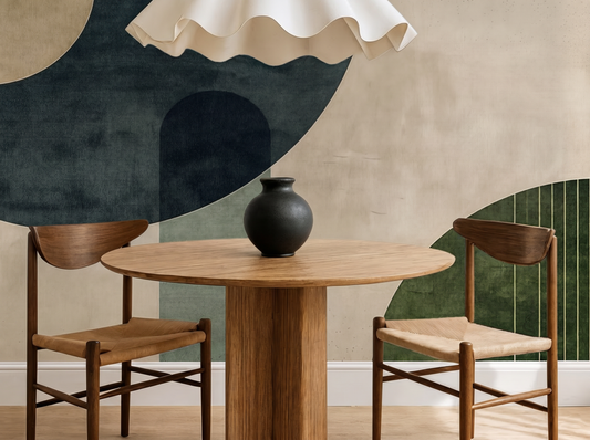 Aoi Whisper Japandi mural wallpaper, deep indigo layered with soft neutrals on a bedroom wall
