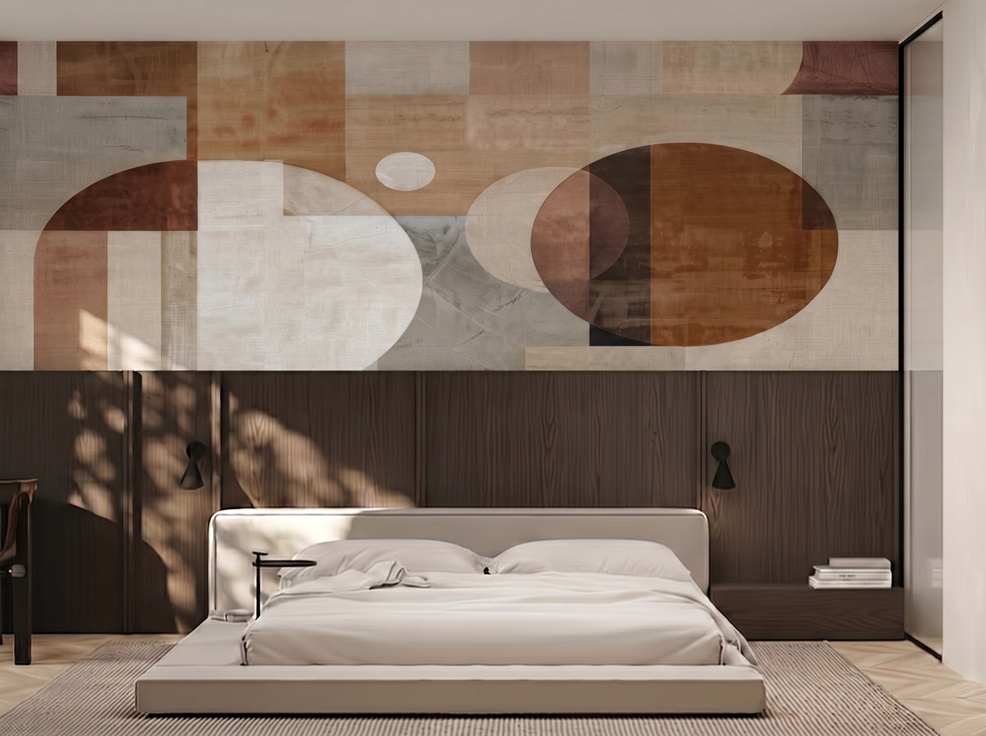Asa Motion Japandi mural wallpaper, soft geometric morning-light pattern on a neutral bedroom wall