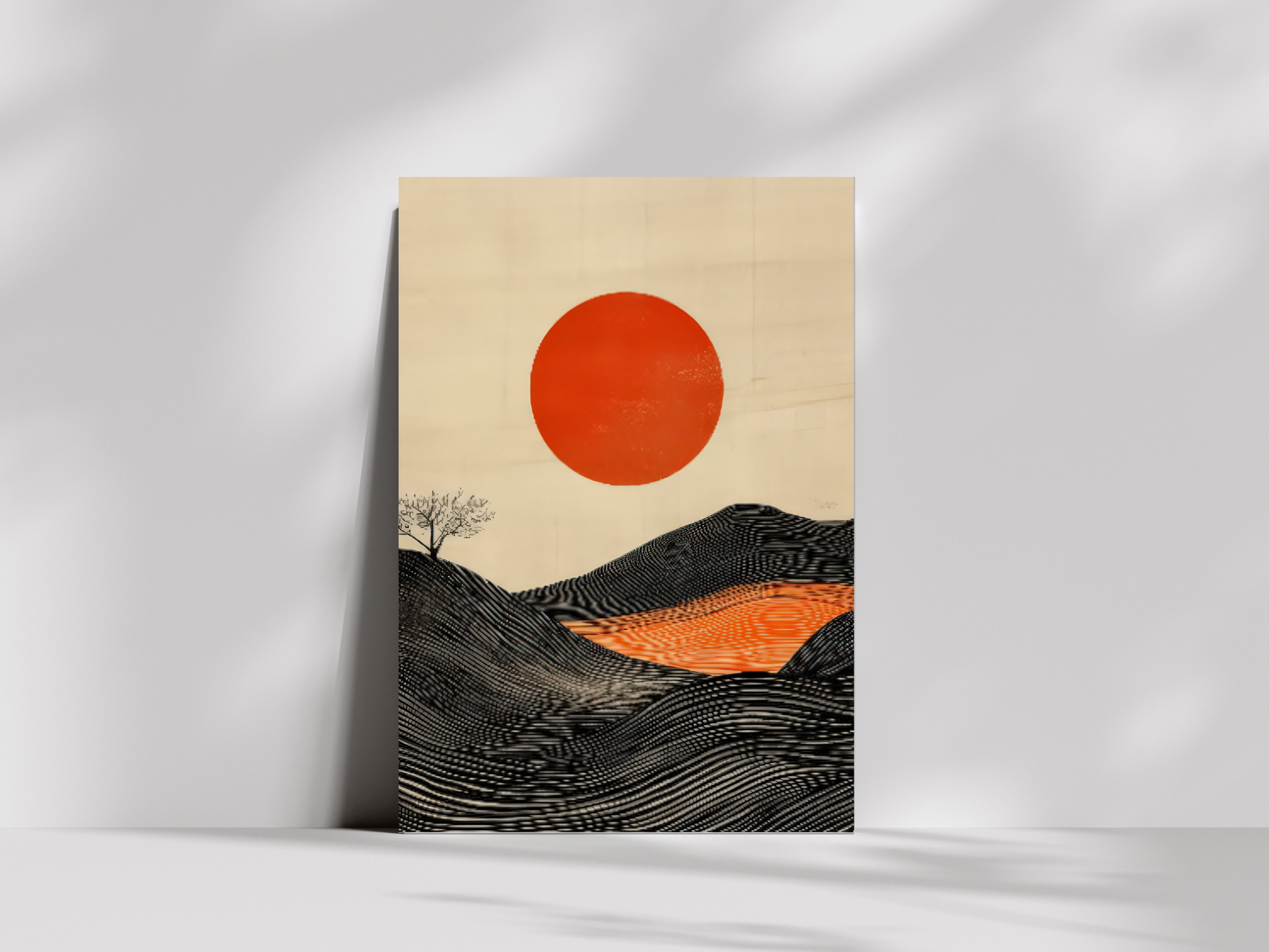 Asahi Valley Japandi wooden wall art, minimalist landscape with layered hills on a living room wall