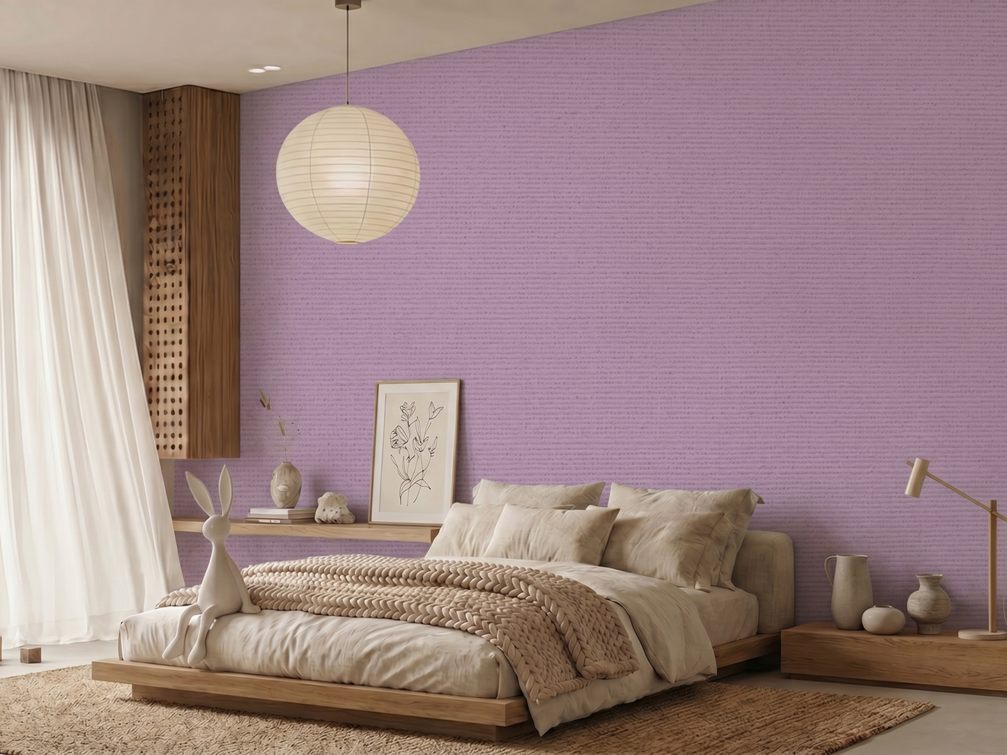 Asamurasaki Japandi quiet colour wallpaper, soft pale purple hue on a living room wall