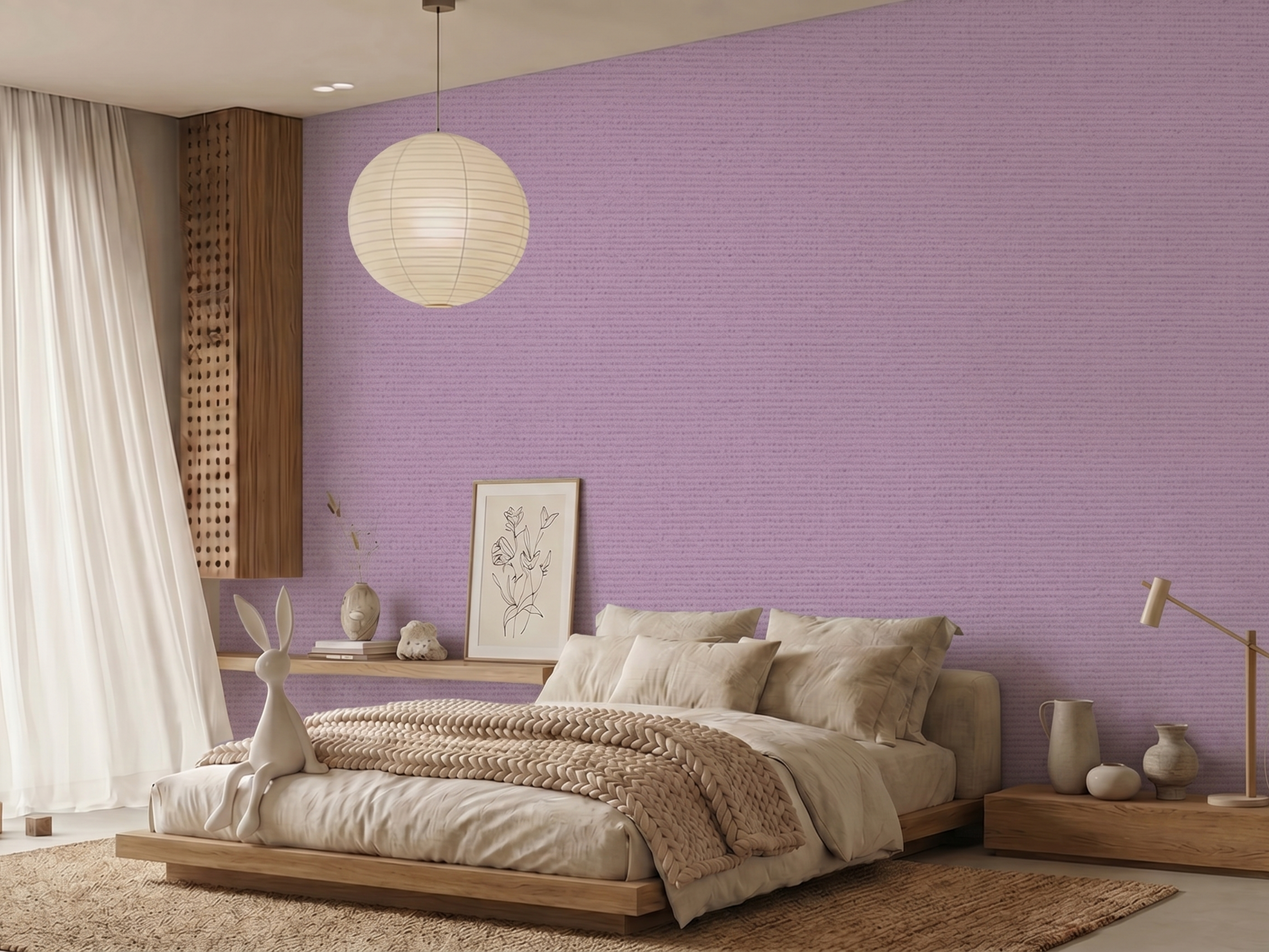 Asamurasaki Japandi quiet colour wallpaper, soft pale purple hue on a living room wall