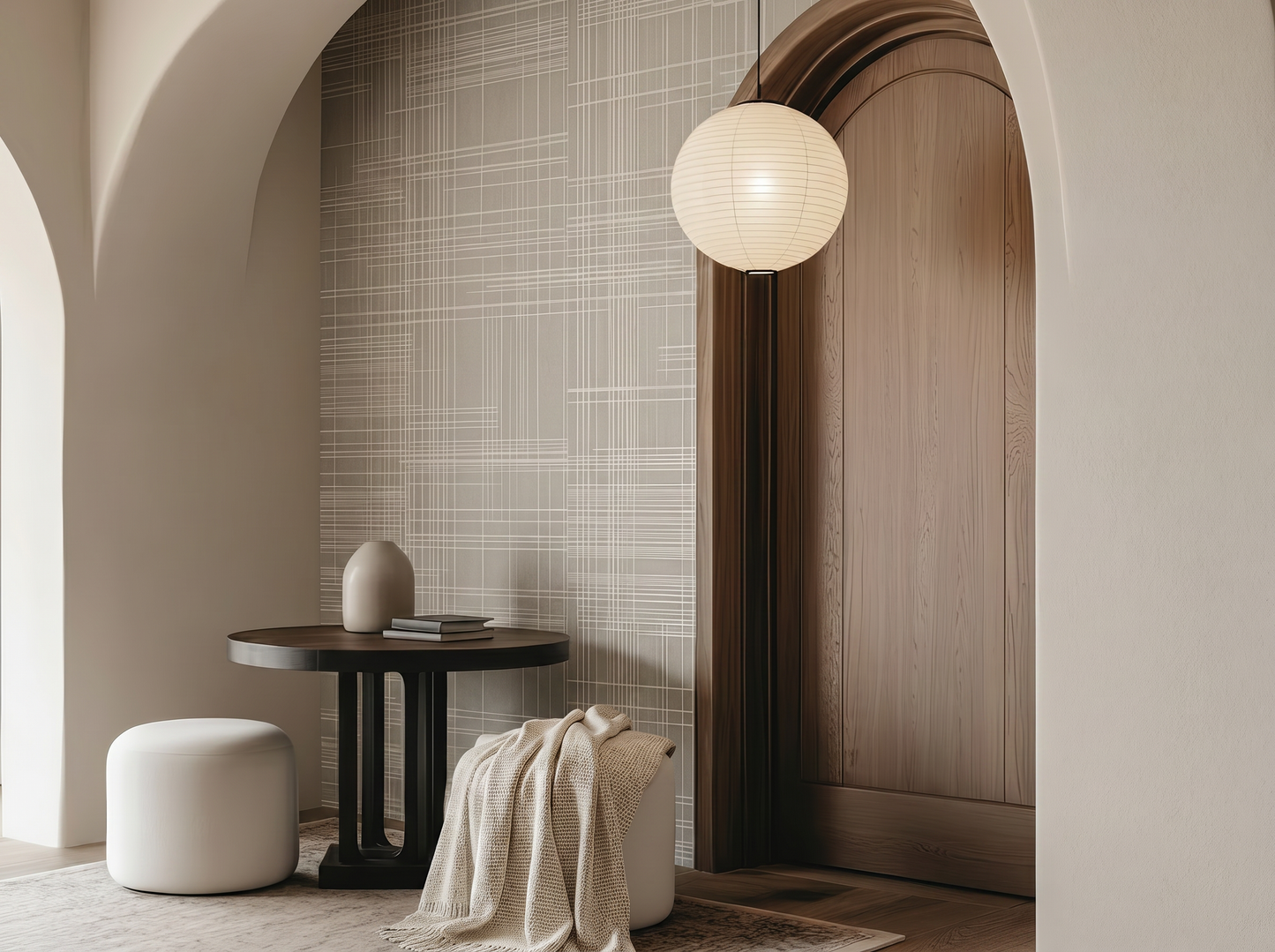 Asuka Line Japandi mural wallpaper, fine woven-textile lines in neutral tones on a home office wall