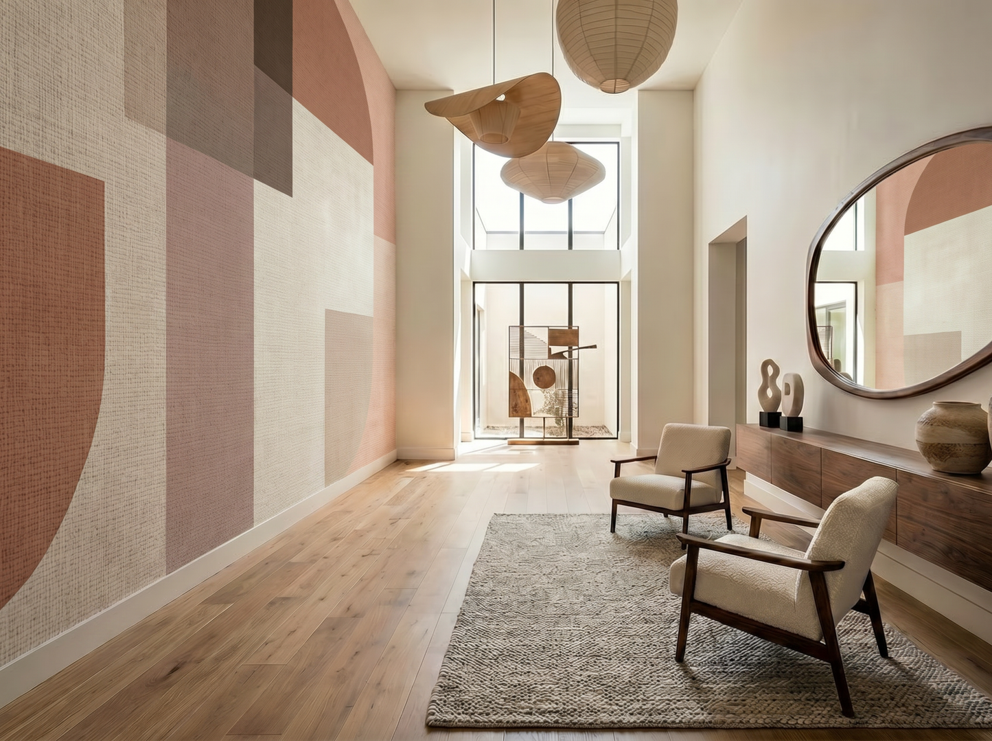 Close-up of Aya Warmth mural wallpaper showing painted textile detail